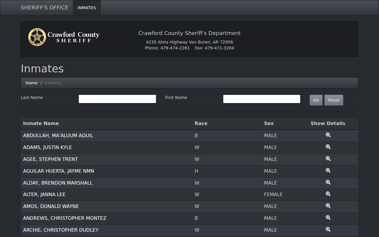Crawford County arrest roster search interface