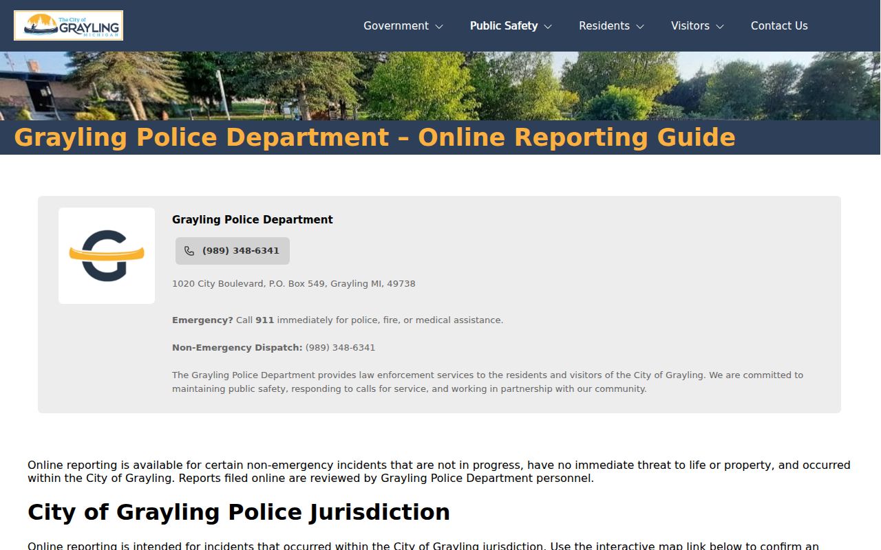 Grayling Police online reporting eligibility and complaint categories