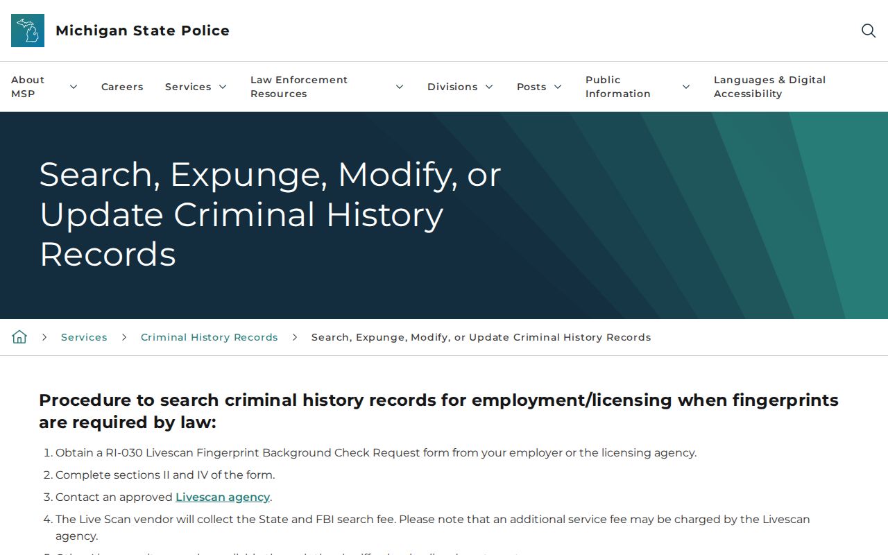Michigan State Police fingerprint record review and correction instructions