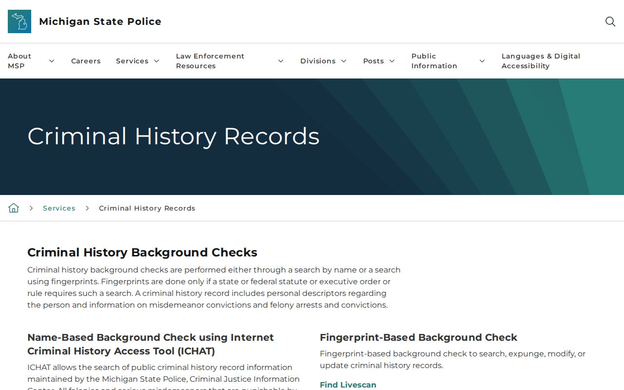 Michigan State Police criminal history record services page