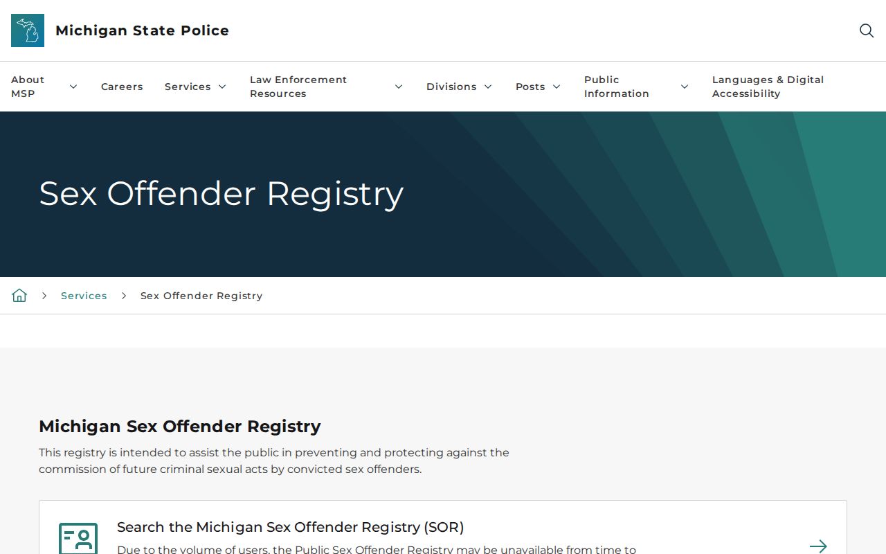 Michigan State Police information for a Crawford County sex offender lookup