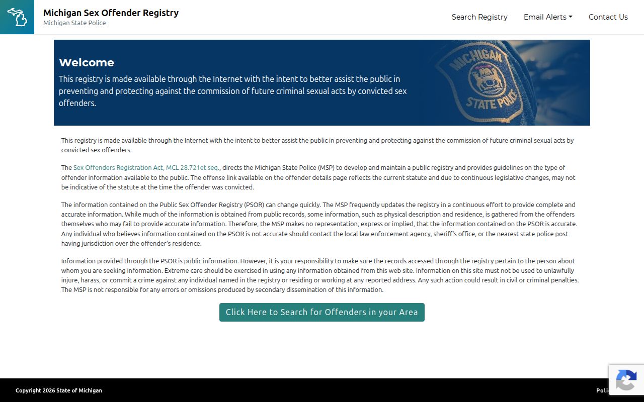 Official Michigan PSOR search screen for Crawford County sex offender records